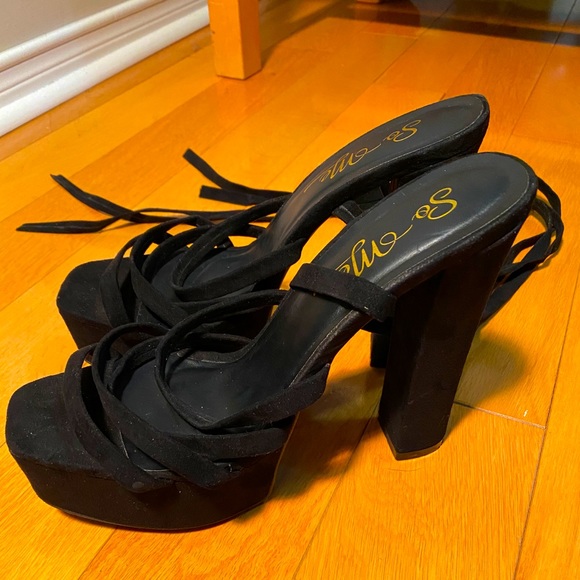 Black platform lace up suede heels. - Picture 2 of 3